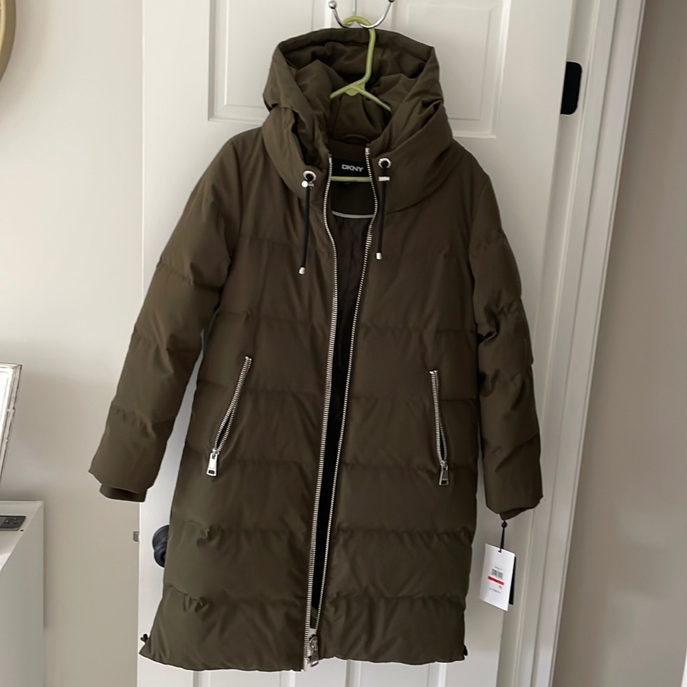 DKNY olive green long puffer coat